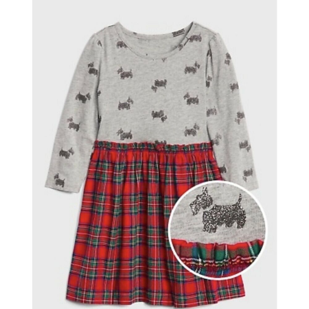 GAP BABY Toddler Dress Scottie Dog Plaid Print 100% Cotton Long Sleeve 4T